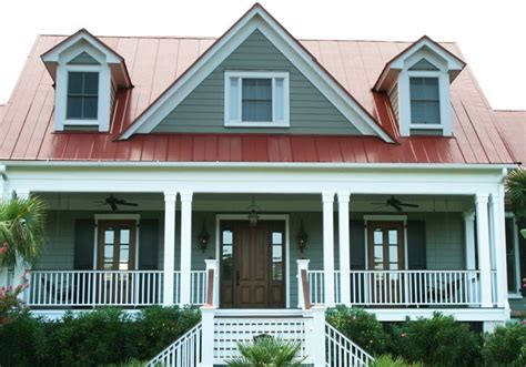 gray house with red metal roof|grey house roof.